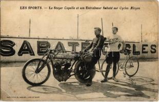 Le Stayer Capelle et son Entraineur Sabaté sur Cycles Alcyon / Motorvezetéses kerékpárverseny rajt előtt / Bicycle race led by a motorized bicycle (derny) before the start, track cycling (EK)