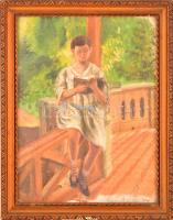 Olvashatatlan jelzéssel: Olvasó fiú. Akvarell, papír, üvegezett keretben, 29×22 cm