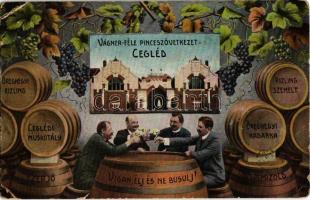 1915 Cegléd, Vágner-féle pinceszövetkezet. Humoros montázs a borospincéből hordókkal / Montage postcard from the wine cellar (EK)