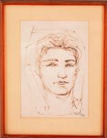 Róna jelzéssel: Női portré. Tus, papír, üvegezett keretben, 30×22 cm
