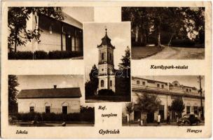 Győrtelek, Kastélypark, Református templom, Iskola, Hangya Szövetkezet üzlete, automobil (EB)