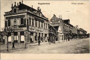 1913 Nagykanizsa, Fő út, Néptakarékpénztár, cukrászda, Biztosító társaság, Pollák József bőrkereskedése, Bájer Vilmos, Haas Vilmos és Balogh Jenő üzlete