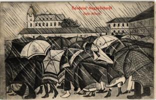 1911 Nagykőrös, esős időben, esernyők. Geszner Jenő kiadása