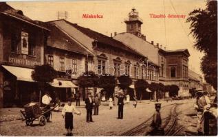 1906 Miskolc, Széchenyi utca, Tűzoltó őrtorony, villamossínek, Istvánffy testvérek üzlete, talicskás férfi. W.L. (?) 788. (vágott / cut)