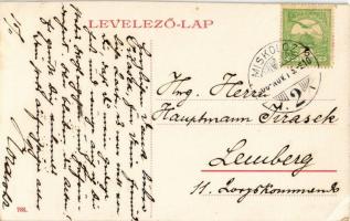 1906 Miskolc, Széchenyi utca, Tűzoltó őrtorony, villamossínek, Istvánffy testvérek üzlete, talicskás...