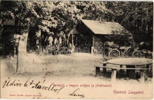 1909 Lengyel, Vendéglő a lengyeli erdőben a fürdő mellett, lovashintó. Hoffer József kiadása