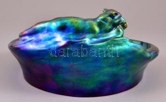 cca 1930 Zsolnay eozin mázas rókás névjegykártyatartó tál, jelzett (pajzs), apró karcolásokkal, form...