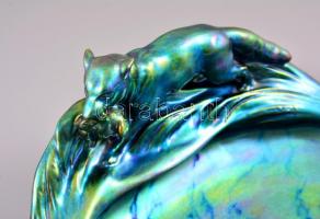 cca 1930 Zsolnay eozin mázas rókás névjegykártyatartó tál, jelzett (pajzs), apró karcolásokkal, form...