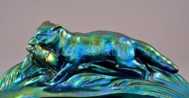 cca 1930 Zsolnay eozin mázas rókás névjegykártyatartó tál, jelzett (pajzs), apró karcolásokkal, form...