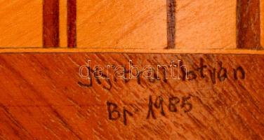 Nyitrai István (?-?): A mostari Öreg-híd, fa intarziás kép, jelzett, 44,5×81,5 cm