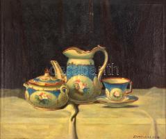 Zemplényi M. Viktor (1894-?): Porcelán mokkás készlet csendélet. Olaj, vászon, Jelzett. 50x58 cm