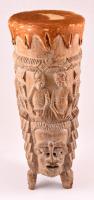 Dúsan faragott, nagy méretű antik afrikai törzsi dob. Új bőrözéssel. 55 cm / African tribal drum. Carved wood, with new leather. 55 cm