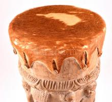 Dúsan faragott, nagy méretű antik afrikai törzsi dob. Új bőrözéssel. 55 cm / African tribal drum. Ca...
