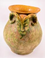 Art deco kosfejes korsó. Mázas keménycserép. Jelzés nélkül. Hibátlan. 21 cm