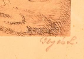 Olvashatatlan jelzéssel: Lovasszán. Rézkarc, papír, üvegezett sérült keretben, 17×24 cm