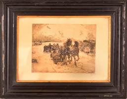 Olvashatatlan jelzéssel: Lovasszán. Rézkarc, papír, üvegezett sérült keretben, 17×24 cm