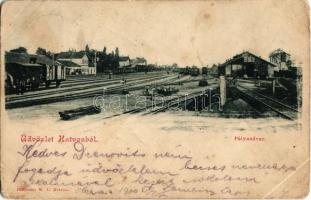 1900 Hatvan, Vasútállomás, Pályaudvar, gőzmozdony, vagonok, szerelvények. Kiadja Hoffmann M. L. (fl)