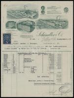 1928 Gablonz (Jablonec, Csehország), Schindler & Co. dekoratív fametszetes német nyelvű számla, okmánybélyeggel