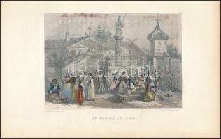 cca 1860 Vásár Tirolban, kézzel színezett metszet, metszette: Rouargue, 11×16 cm / Market in Tirol, engraving, 11×16 cm