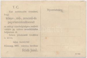 Kőszeg, Róth Jenő könyv-, mű-, zenemű- és papírkereskedése, Decker fodrász üzlete. hátoldalon Róth J...