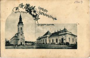 1909 Szabadszállás, Református templom, Kiskunság szálloda, Scheibel Lajos üzlete és saját kiadása. floral