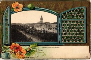 Szeged, Széchenyi tér dél-keleti része. H. Kampmann kiadása, Dombornyomott szecessziós litho keret / Embossed Art Nouveau, floral litho frame (kopott sarkak / worn corners)