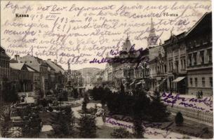 1913 Kassa, Kosice; Fő utca, Szentháromság szobor, üzletek / main street, Holy Trinity statue, shops