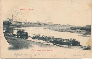 1901 Szolnok, Tisza part faúsztatáskor, halászhajók. Szigeti H. kiadása (EK)