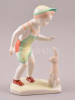 Nyuszi, hopp!, Aquincumi porcelán figura, kézzel festett, jelzett, apró kopásokkal, m: 14 cm