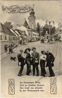 Vienna, Wien XIX. Grinzing. Drunk men and women montage postcard with tram, music sheet. Verlag Josef Popper (EK)