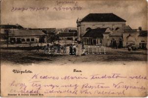 1905 Várpalota, Piac, Szálloda a Fehér Kereszthez, zsinagóga üzletek. Filszeker M. kiadása (megerősített sarok / restored corner)