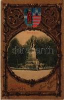 1901 Győr, Kisfaludy szobor. Címeres szecessziós litho keret. Rőszler Károly kiadása / Art Nouveau litho frame (EK)