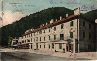 1904 Herkulesfürdő, Baile Herculane; Nándor udvar, Gyógyszertár, üzletek. Kiadja R. Krizsány 141. sz. / spa hall, bathing house, pharmacy, shops (r)