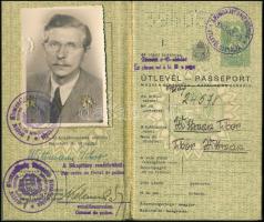 1947 1937-es útlevél 50 fillér illetékbélyeggel 1947-ben szabálytalanul kiállítva, a Magyar Királyság felirat csak egy helyen áthúzva, bevonási záradékkal, engedély nélküli határátlépésért pénzbírsággal / Hungarian passport