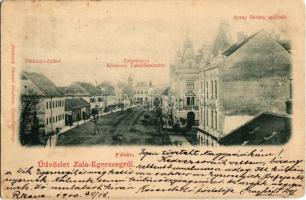 1900 Zalaegerszeg, Zala megyei központi takarékpénztár, Arany Bárány szálloda, Plébánia épület. Breisach Sámuel kiadása (EK)
