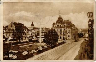 Kassa, Kosice; Divadlo a vlajkovy obelisk / Színház, obeliszk, emlékmű, villamos, üzletek / theater, obelisk, monument, tram, shops + 1938 Kassa visszatért So. Stpl. (EK)