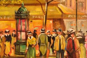 Reinprecht Károly (1903-?):Nagyvárosi forgatag. Olaj, vászon, jelzett, keretben, 24×32 cm