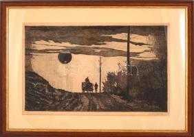 Kádár György (1912-2002): Hazafelé. Rézkarc, papír, jelzett, üvegezett keretben, 29×48 cm