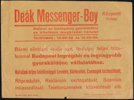 1942 Deák messenger-boy gyorsküldönc reklámlapja, hátoldalán megbízással 12x15 cm