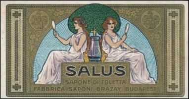 1910 Salus Brázay Budapest szappanreklám, aranynyomásos szecessziós litográfia, szép állapotban, 10×19 cm
