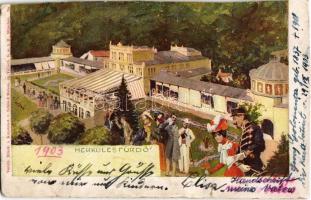 1903 Herkulesfürdő, Baile Herculane; fürdő művészlap. Kunstanstalt Schön & Maison / spa hall, bathing house art postcard. artist signed (vágott / cut)
