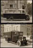 cca 1930 Rába buszok és teherautók eredeti termékfotói. Glück Frigyes pecséttel jelzett fotói. Nagyméretű fényképek a győri gyár termékairől városi környezetben, feliratozott járművekkel 22x16 - 29x22 cm ig / ca 1930 Vintage photos of Hungarian Rába buses and trucks
