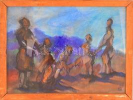 Pittner jelzéssel: Család. Pasztell, papír, üvegezett keretben, 51×37 cm