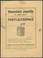 cca 1920 HE-RO fagylaltgép használati utasítás és receptek. 8p.