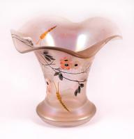 Poschinger szitakötős irizálós fújt váza, kézzel festett, jelzés nélkül, több rétegű, m:15,5 cm