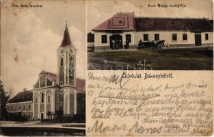 1934 Bakonybél, Római katolikus templom, Vanik Mihály vendéglője, automobil (EK)