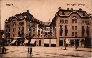 1915 Szeged, református egyház palotája, Tanay testvérek kerékpár, varrógép raktára és sport cikkek üzlete, dohány és szivarbolt, Leszámítoló bankszövetkezet, Verseny áruház, Gróczki József üzlete