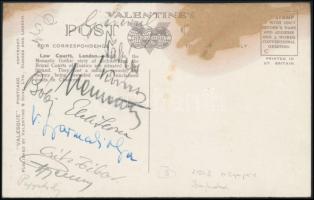 1948 Londoni Olimpia magyar bajnokainak aláírása képeslapon: Papp László, Takács Károly, Bóbis Gyula, Gerevich Aladár, Kovács Pál, Papp Bertalan, Rajcsányi László, Gyarmati Olga, Csík Tibor, Németh Imre, Elek Ilona. / Autograph signed postcard of Hungarian Olympic champions.