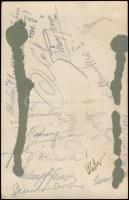 1930 Budai 11 labdarúgóinak aláírásai (Wéber, Czumpf, Lantos, stb.) a tagokat ábrázoló csoportkép hátulján