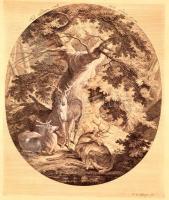 1740 Johann Elias Ridinger (1698-1767): Sol mediam coeli terit arduus arcem, Szarvasok, rézmetszet, papír, üvegezett fa keretben, 34x28 cm, keret: 53x37 cm/  1740 Johann Elias Ridinger (1698-1767): Sol mediam coeli terit arduus arcem, Deers, copper engraving, paper, in glassed wooden frame, spotty, 34x28 cm, frame: 53x37 cm/